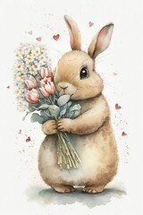 a cute bunny holding a bouquet of flowers,  watercolour, ai generated 