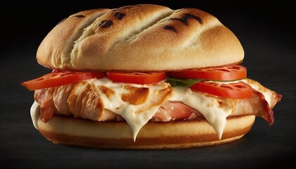  a sandwich with meat, tomatoes, cheese, and lettuce on a black background with a black background and a black background with a white border.  generative ai