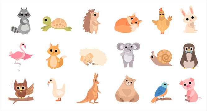 Cute adorable baby animals set. Raccoon, turtle, hedgehog, fox, rabbit, flamingo, koala, bear domestic and wild animals vector illustration