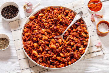 Beans and Sausage bake in baking dish, top view