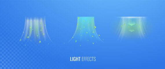 Fresh air flow set of vector elements. Abstract light effect blowing from an air conditioner, purifier or humidifier. Dynamic blurred wave motion with mint leaves, concept of freshness of smell - obrazy, fototapety, plakaty