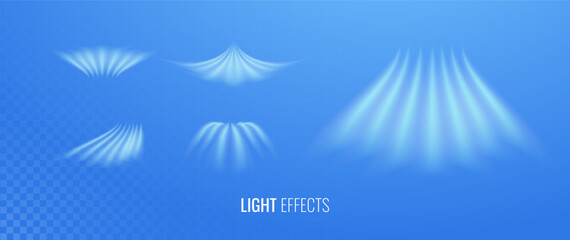 Air flow set of vector elements. Abstract light effect blowing from an air conditioner, purifier and humidifier. Dynamic blurred wave motion on light background