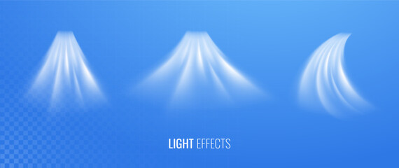 Air flow and water drop set of vector elements. Abstract light effect blowing from an air conditioner, purifier or humidifier. Dynamic isometric blurred motion flow