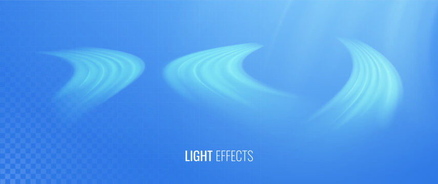 Air flow set of vector elements. Abstract light effect blowing from an air conditioner, purifier and humidifier. Dynamic isometric blurred wave motion on light background