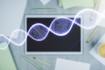 Creative concept with DNA symbol illustration and modern digital tablet on background, top view....