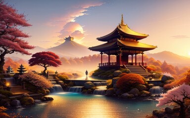 A Chinese temple in a beautiful mountain landscape overlooking the clouds