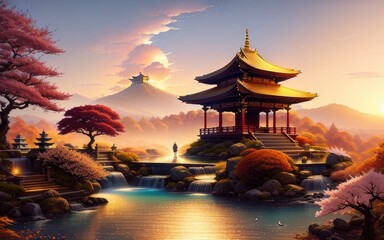 Obraz premium A Chinese temple in a beautiful mountain landscape overlooking the clouds