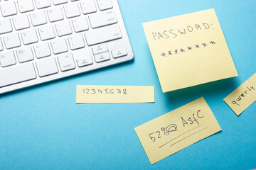 Strong and weak password on pieces of paper. Password security and protection.