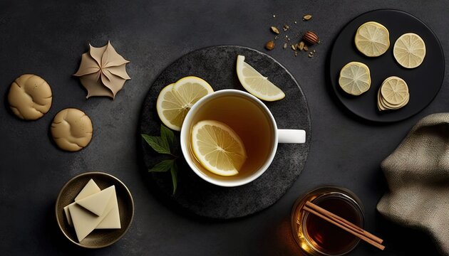  a cup of tea with lemon slices and honey on a black plate next to a plate of cookies and a cup of tea on a black table.  generative ai