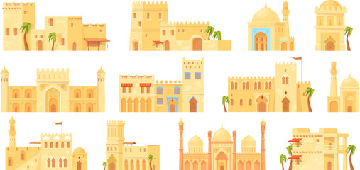 Islamic heritage buildings. Old brick building traditional arabic architecture, ancient facade palais from arabia or africa desert arabian houses, ramadan neat vector illustration - obrazy, fototapety, plakaty