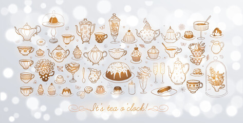 English tea party doodles with sweets and vintage tea set on white glowing background. Vector sketch illustration.