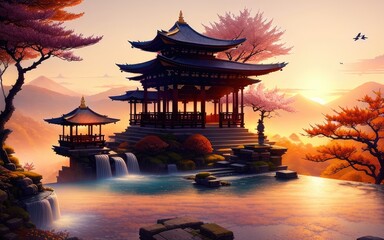 Fototapeta premium A Chinese temple in a beautiful mountain landscape overlooking the clouds