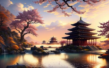 Obraz premium A Chinese temple in a beautiful mountain landscape overlooking the clouds