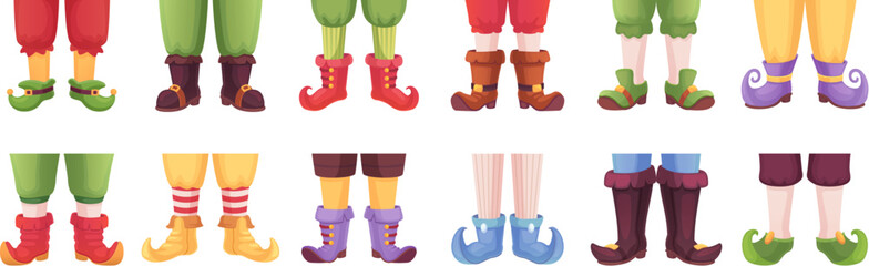 Gnome legs. Elf feet in carnival pants, leprechaun or sorceress foot shoes cartoon dwarf boots funny stripes sock, fairy elves witch leg for holiday ingenious vector illustration