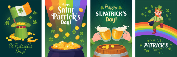 Leprechaun party banners. Saint patrick day poster template, irish celtic holidays green flyer st patricks club invitation, luck shamrock background ingenious vector illustration
