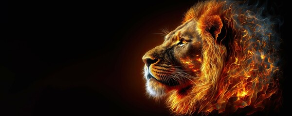 portrait of a lion and fire. Generative AI image.