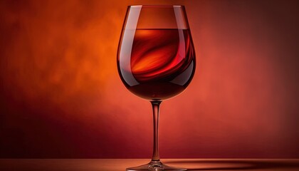 a glass of red wine on a table with a red background and a red wall in the backround of the glass is a red swirl.  generative ai