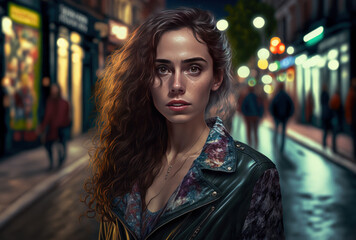 Fotograf&iacute;a de moda editorial mujer streetwear, creado con IA generativa