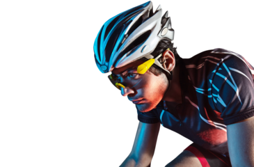 Spost transparent background with copyspace. Cyclist. Dramatic close-up portrait.	