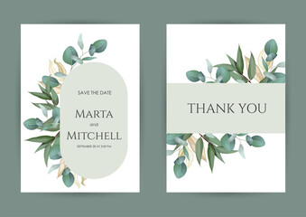 Greenery wedding invitation card template. Floral Trendy templates for banner, flyer, poster, greeting.