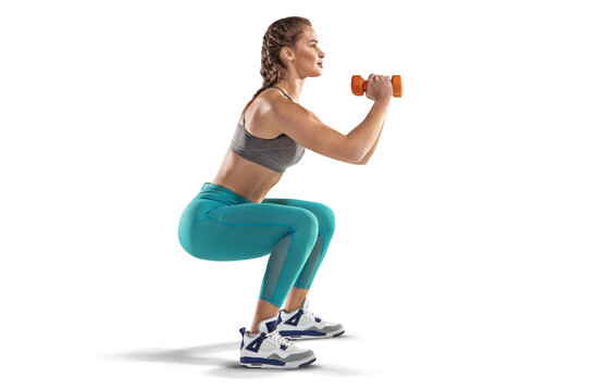 Beautiful woman at the gym doing fitness exercises. Sports transparent background.