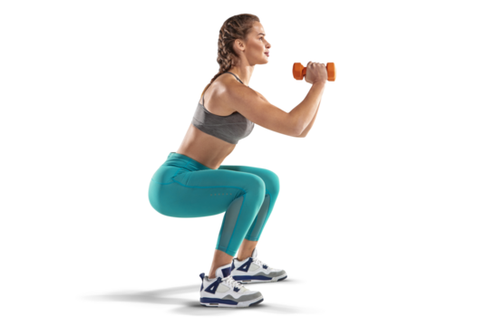 Beautiful woman at the gym doing fitness exercises. Sports transparent background.	