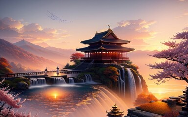 Obraz premium A Chinese temple in a beautiful mountain landscape overlooking the clouds