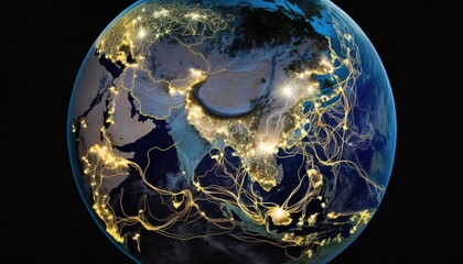  a view of the earth from space at night, with lights of cities and towns on the sides of the earth, and a dark background of a black sky.  generative ai