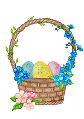 Basket with Easter Eggs, watercolor illustration.