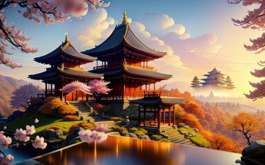 Obraz premium A Chinese temple in a beautiful mountain landscape overlooking the clouds