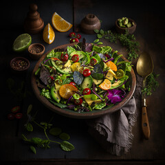 Vegan vegetarian salad with sliced lemon and orange