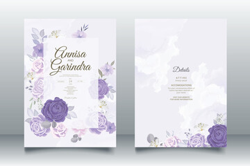Elegant wedding invitation card with purple floral and leaves template Premium Vector