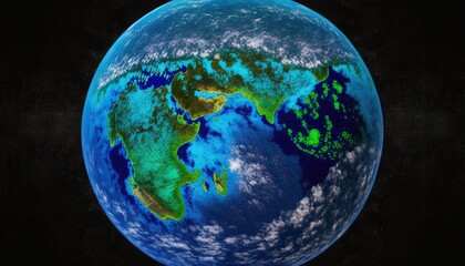  a blue and green globe with a black background and a black background with a white border and a blue and green map of the earth.  generative ai