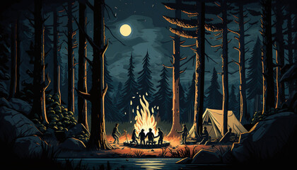 A Camp Site in the Woods showing a Night Time Scene Illustration ~ Created using Generative AI