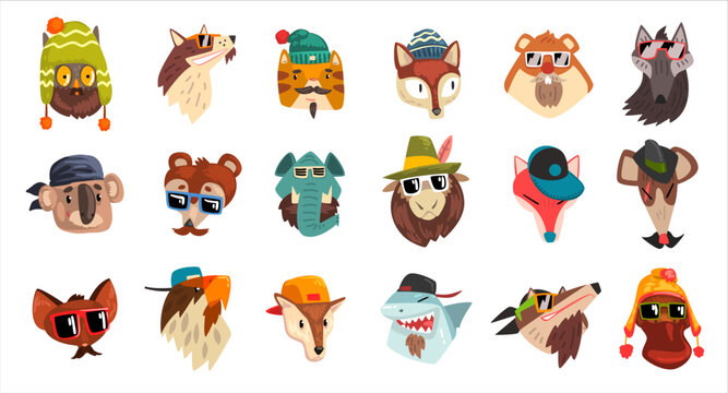 Set of hipster animals. Funny owl, cat, dog, fox, wolf, koala, shark, elephant wearing sunglasses and cap vector illustration