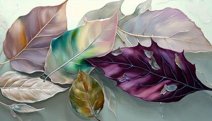  a painting of three different colored leaves on a white surface with water droplets on the bottom of the leaves and the bottom of the leaves on the bottom of the leaves.  generative ai