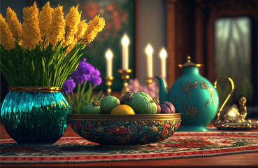Traditional table of Nowruz illustration Generative AI