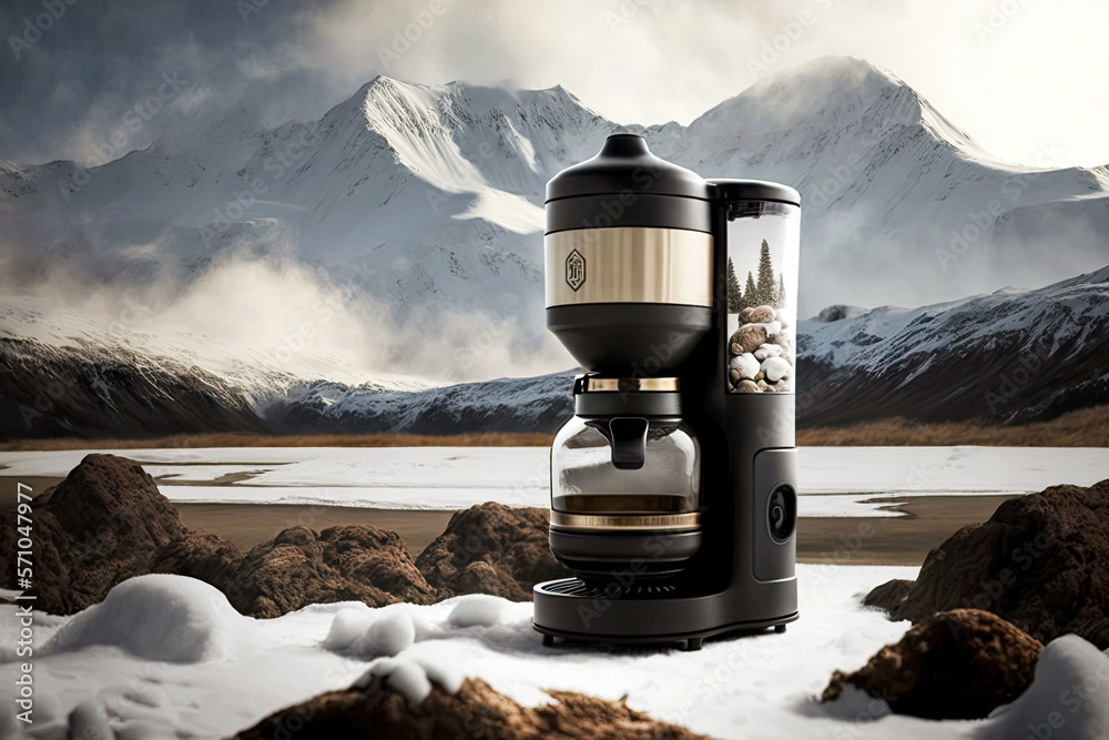 Canvas Prints geyser coffee maker for herbal teas against backdrop of mountains in snow, generative ai