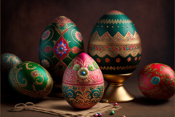 Traditional Nowruz holiday background with colorful eggs Generative AI