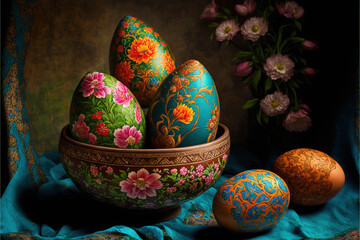 Nowruz holiday eggs and flowers in the background Generative AI
