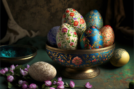 Nowruz holiday background with colorful eggs Generative AI