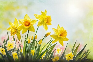  Spring Easter background with beautiful yellow daffodils, watercolor style AI Generated
