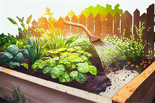  Watering vegetables and herbs in raised bed, Fresh plants and soil, watercolor style AI Generated