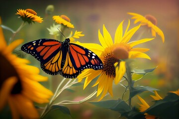  beautiful monarch butterfly resting on yellow sunflowers with blurry background, watercolor style AI Generated