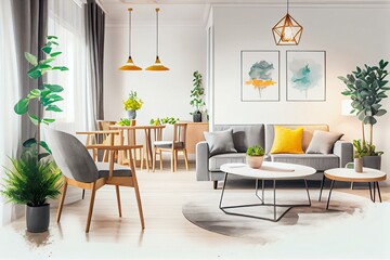  Open space living and dining room interior with gray sofa, wooden tables, white chairs and plants. Real photo, watercolor style AI Generated