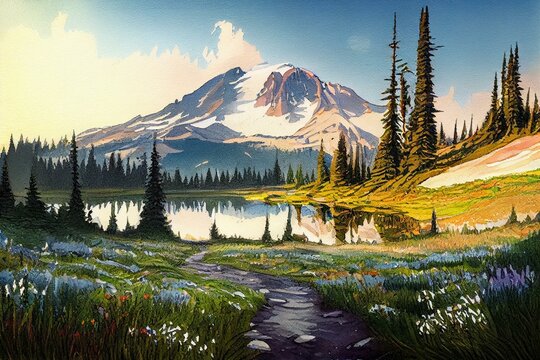  Reflection lake trail. Summer, Mount Rainier National Park, watercolor style AI Generated