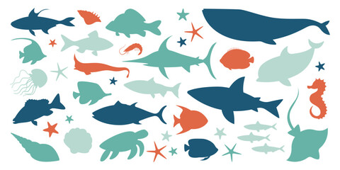 Marine animal silhouettes flat icons set. Underwater world. Seascape. Biodiversity. Abstract shapes of shark
