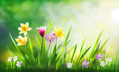  spring flowers and green grass background, watercolor style AI Generated