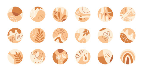 Circles with floral abstract design flat icons set. Brown abstract flowers and leaves. Vintage elegant botany ornament