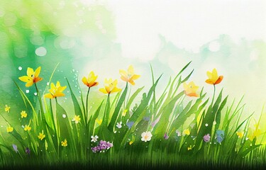 Fototapeta na wymiar spring flowers and green grass background, watercolor style AI Generated